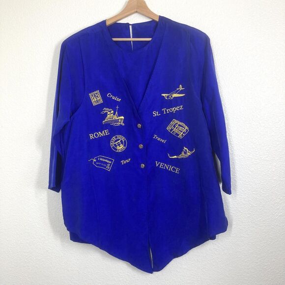 Vintage Strictly Silk Shirt Womens Medium Travel Embroidered Rome Venice St - Picture 2 of 16